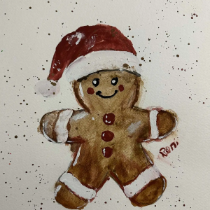 Cute Christmas Gingerbread Man greeting card with festive colors and charming holiday design.