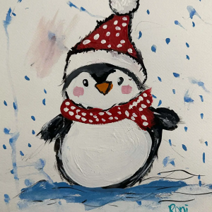 Adorable Christmas Penguin greeting card with festive winter design and cheerful holiday colors.