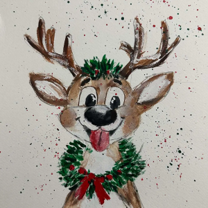A whimsical Christmas reindeer with festive colors and holiday charm, created in a playful handmade style.
