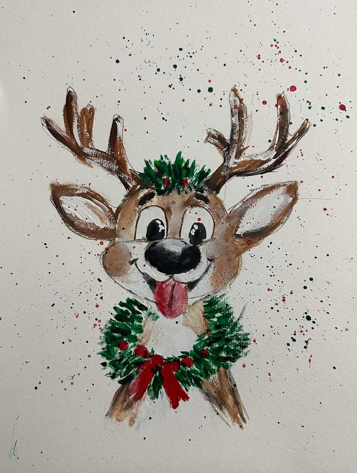 A whimsical Christmas reindeer with festive colors and holiday charm, created in a playful handmade style.