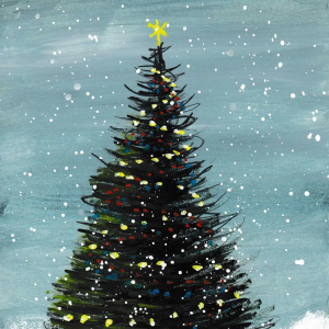 Christmas Tree under falling snow greeting card with peaceful winter scene and soft holiday glow.