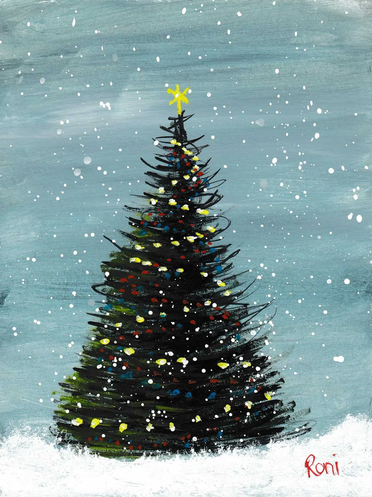 Christmas Tree under falling snow greeting card with peaceful winter scene and soft holiday glow.