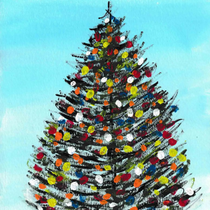 Christmas Tree with colorful lights greeting card featuring bright, festive holiday glow.