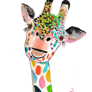 A whimsical giraffe painting with brightly colored spots, painted in a joyful, vibrant style.