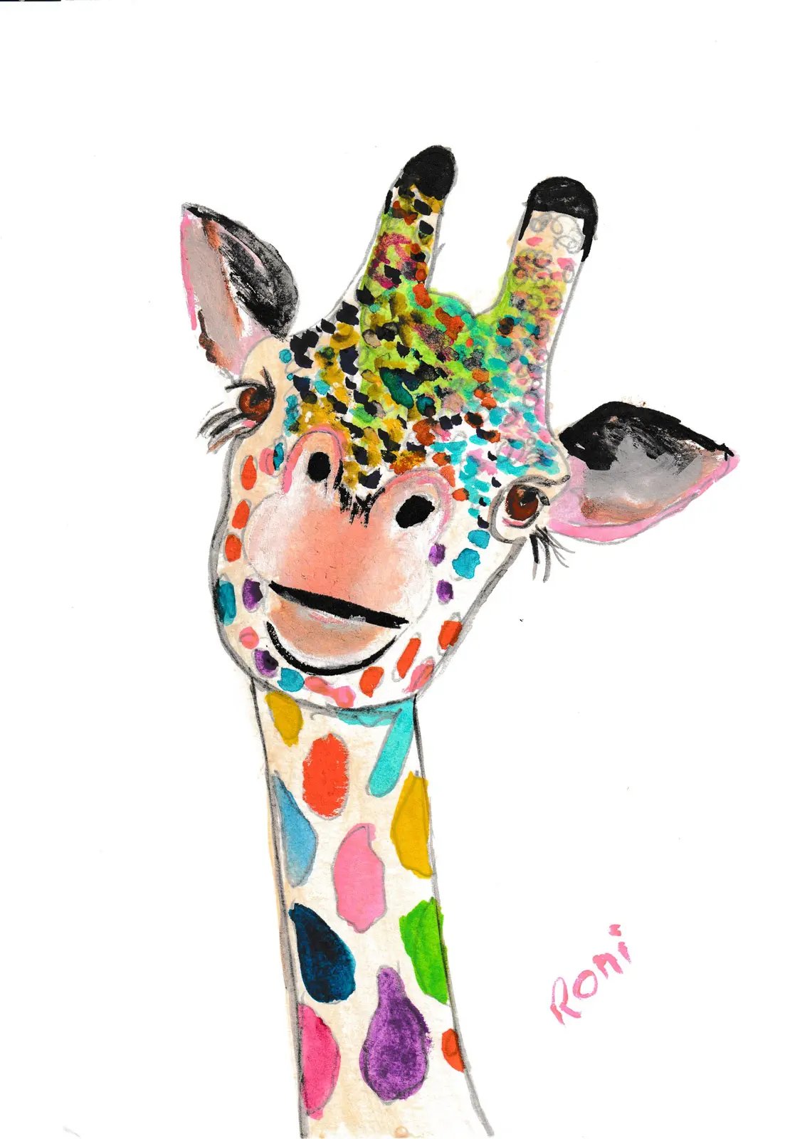 A whimsical giraffe painting with brightly colored spots, painted in a joyful, vibrant style.