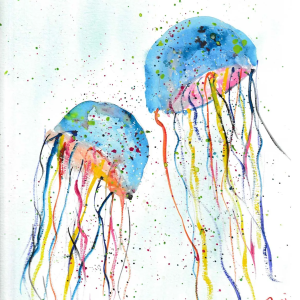 Vibrant, whimsical jellyfish painting with bright multicolored tentacles and glowing, playful underwater energy.