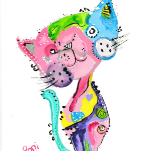 Whimsical, brightly colored cat portrait with vivid rainbow patterns, playful expression, and bold painterly brushstrokes.