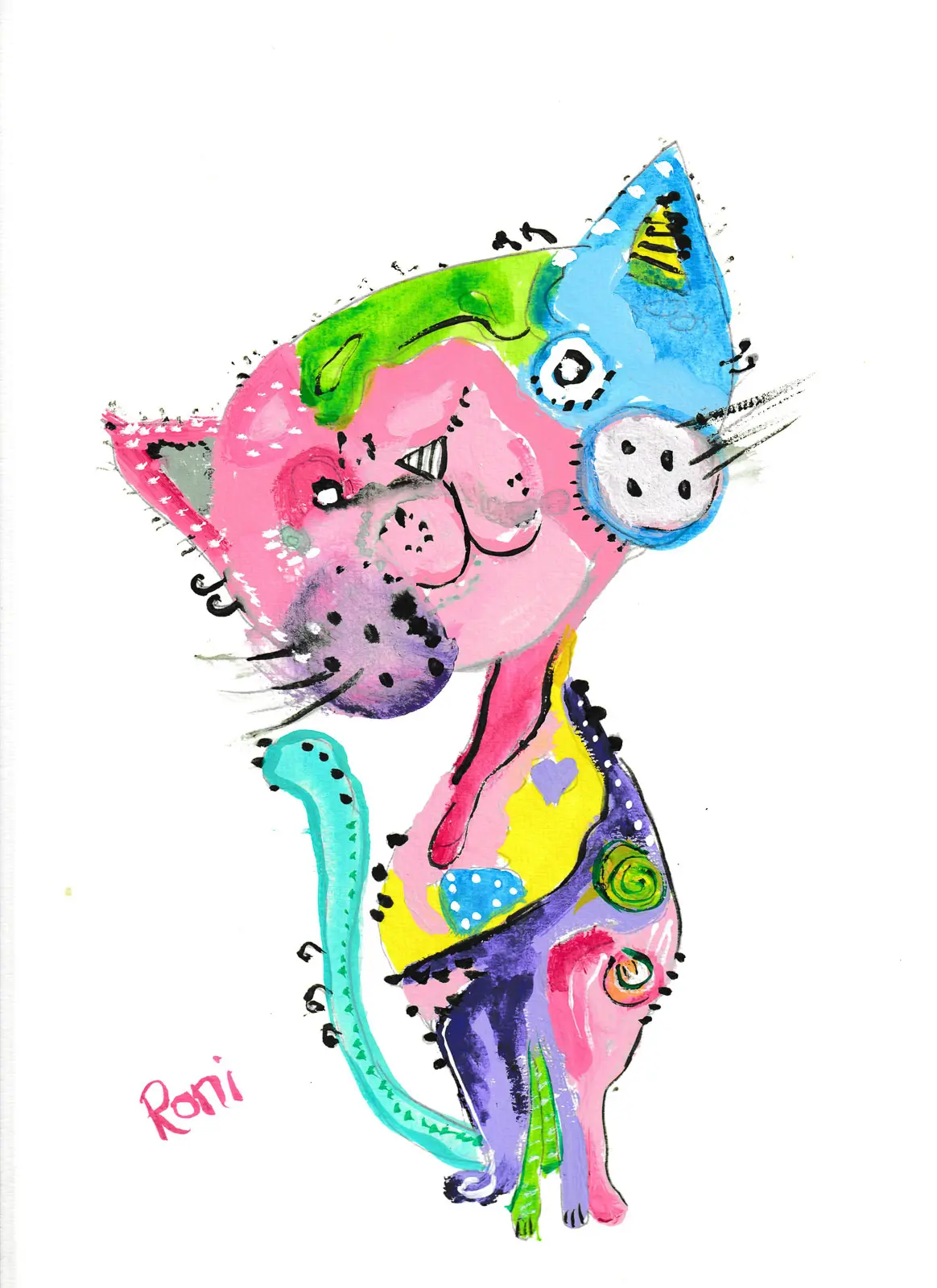 Whimsical, brightly colored cat portrait with vivid rainbow patterns, playful expression, and bold painterly brushstrokes.