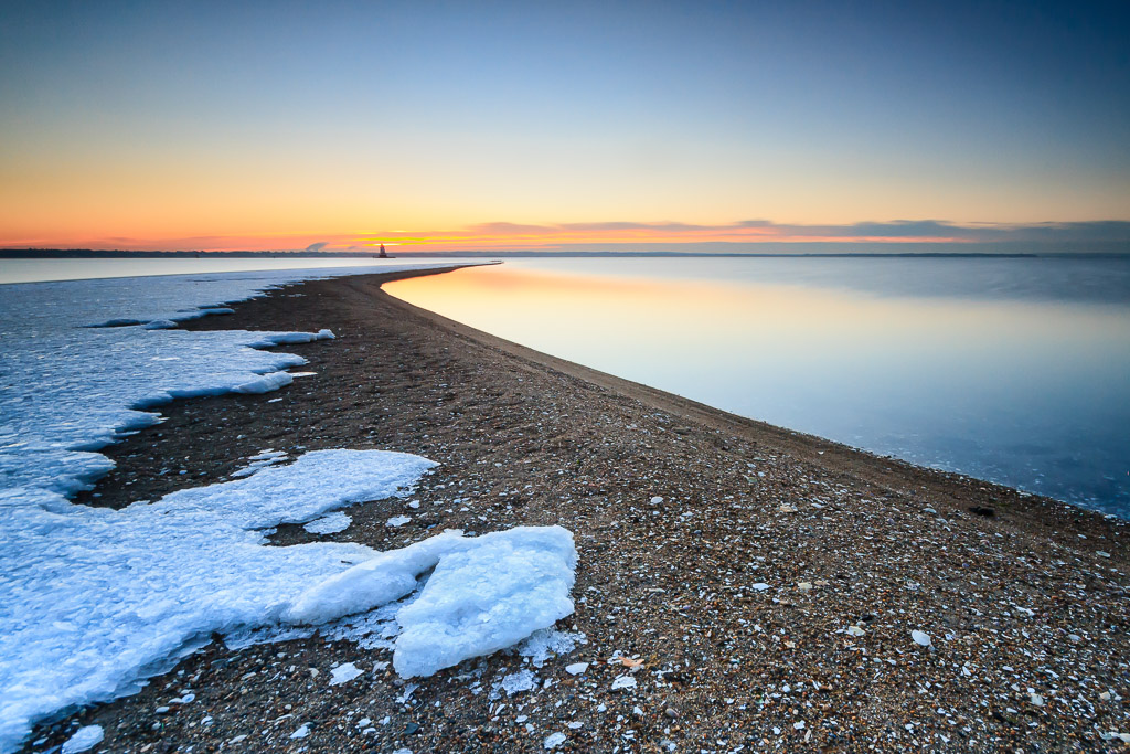 Winter sunrise at Conimicut Point, Rhode Island, capturing calm, mindful presence, and serenity for anxiety relief.