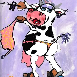 A humorous, whimsical painting of a cow hanging laundry on a clothesline, featuring bold colors, playful details, and quirky charm.