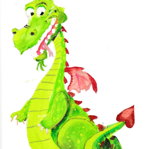 A bright, cheerful green dragon painted with colorful details and a fun-loving, playful expression.