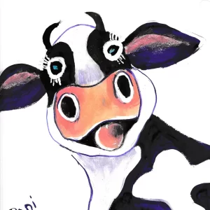 A joyful, brightly colored cow portrait with a big happy expression, painted in a whimsical, playful style.