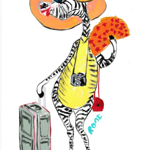 A whimsical, colorful painting of a playful zebra on vacation, featuring bold patterns, bright hues, and a fun, carefree vibe.
